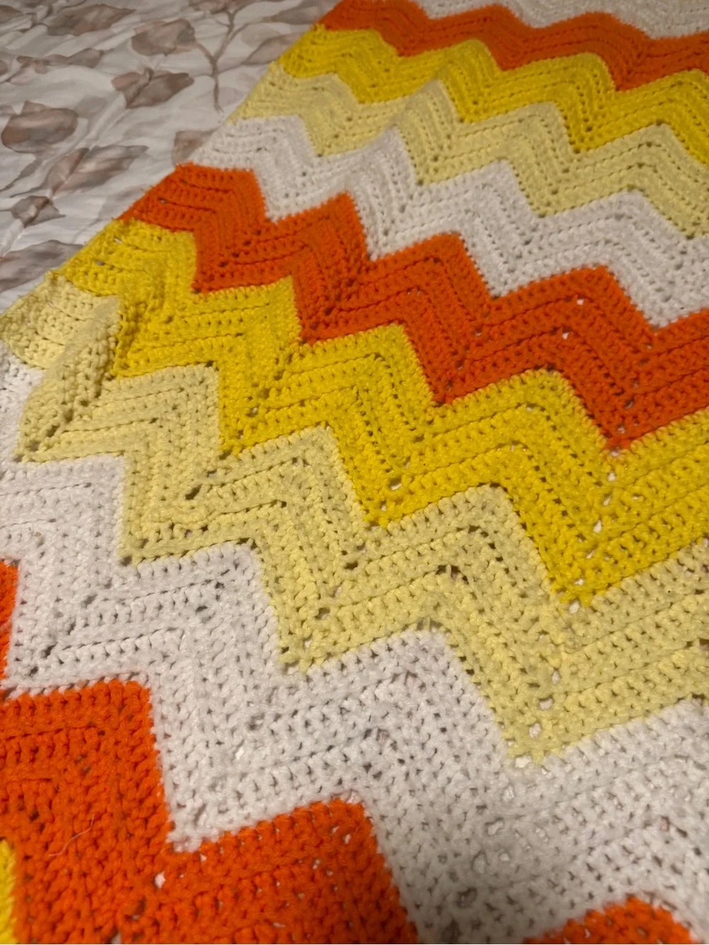 Vibrant Handmade Chevron Crochet Throw Blanket - Orange, Yellow & White Vintage